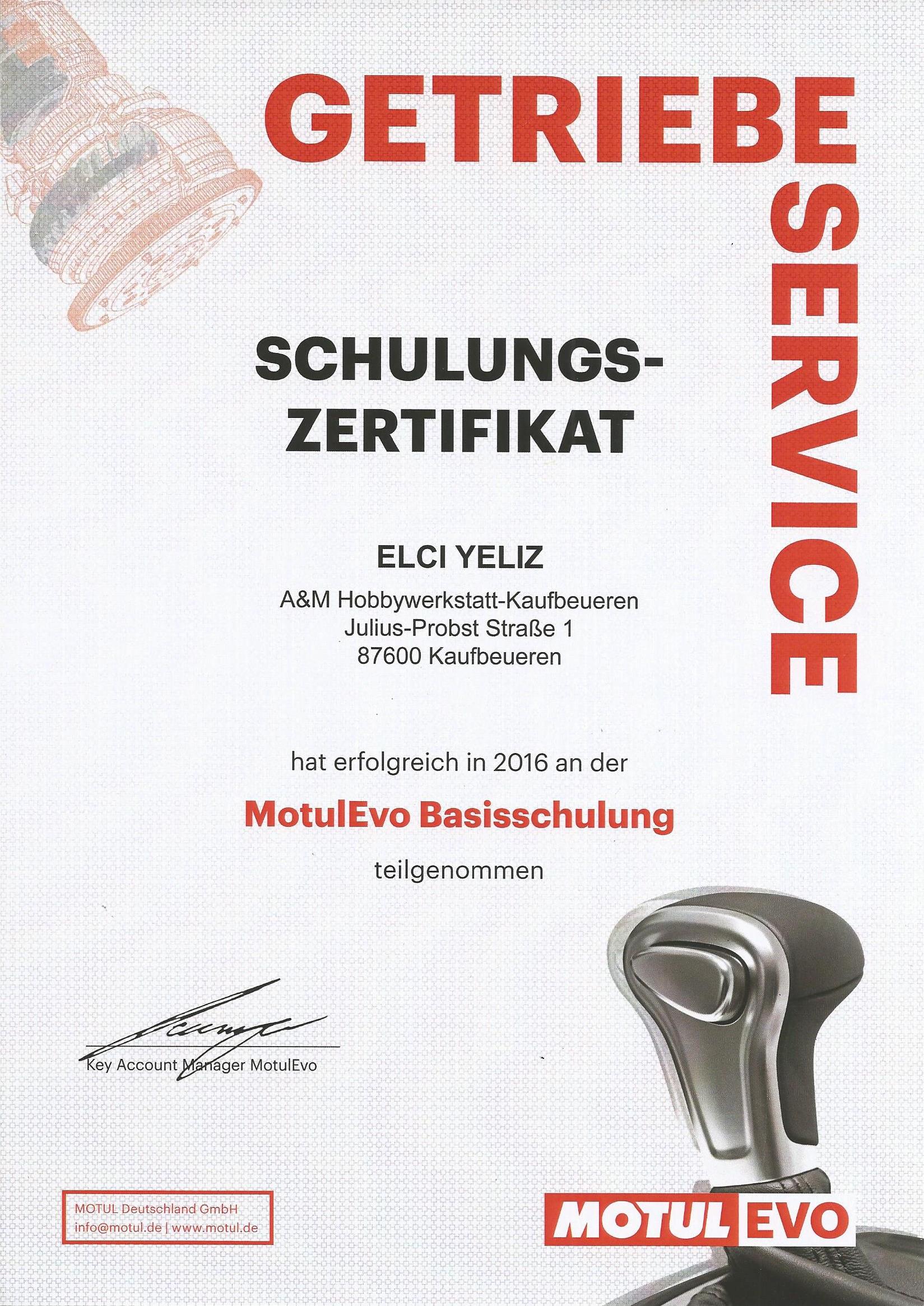 Zertifikat Getriebespülung MotulEvo Basisschulung